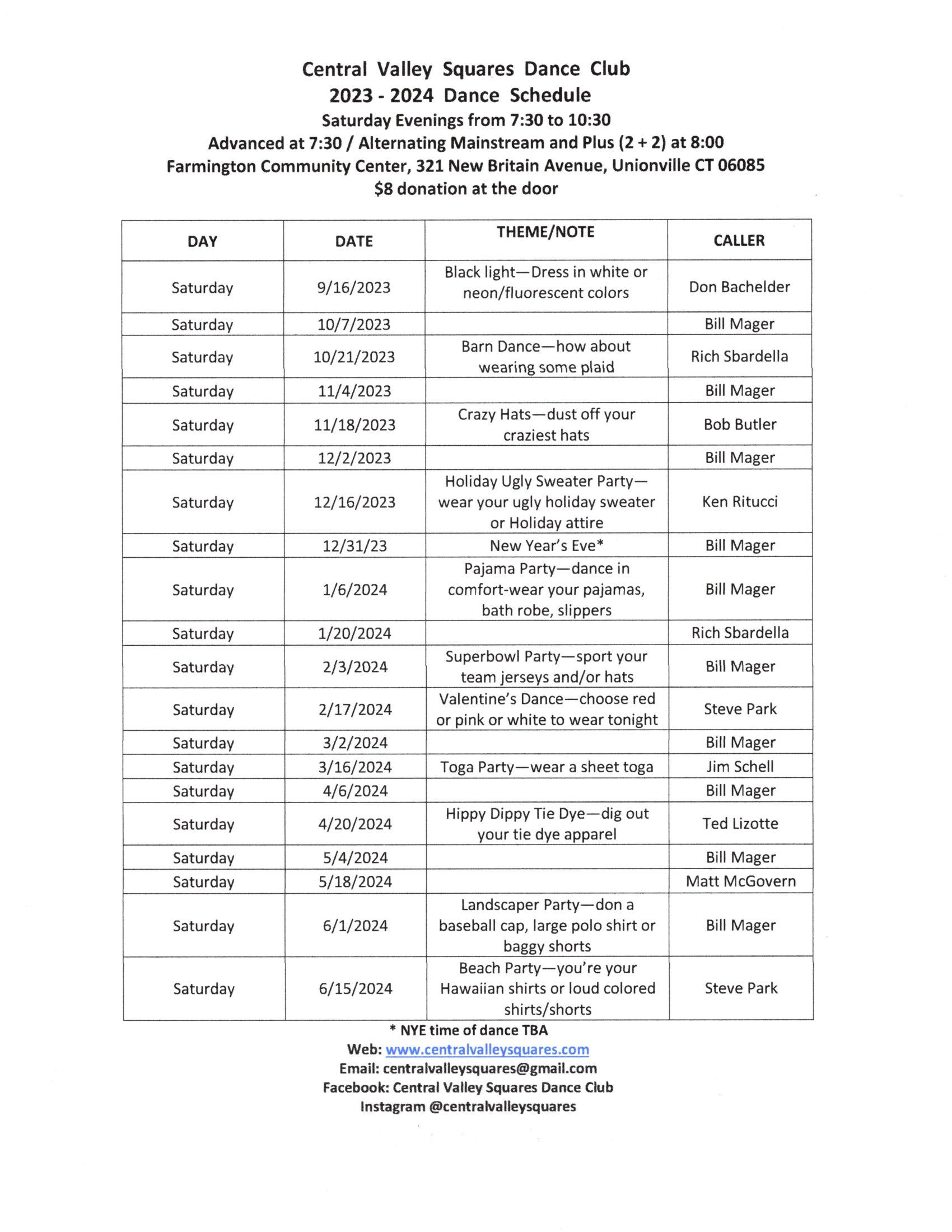 2024 Dance Schedule Central Valley Squares